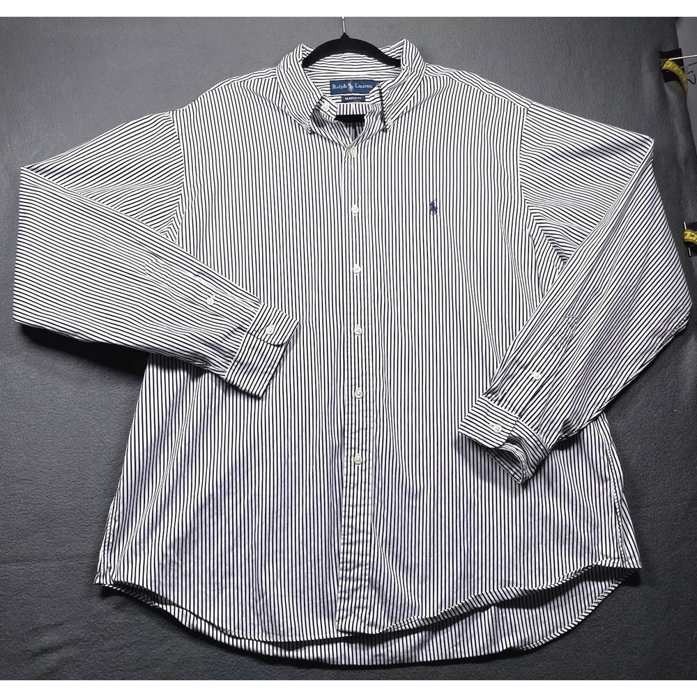 Ralph Lauren Men Button Down Shirt Cotton Striped XXL Classic Fit Black White